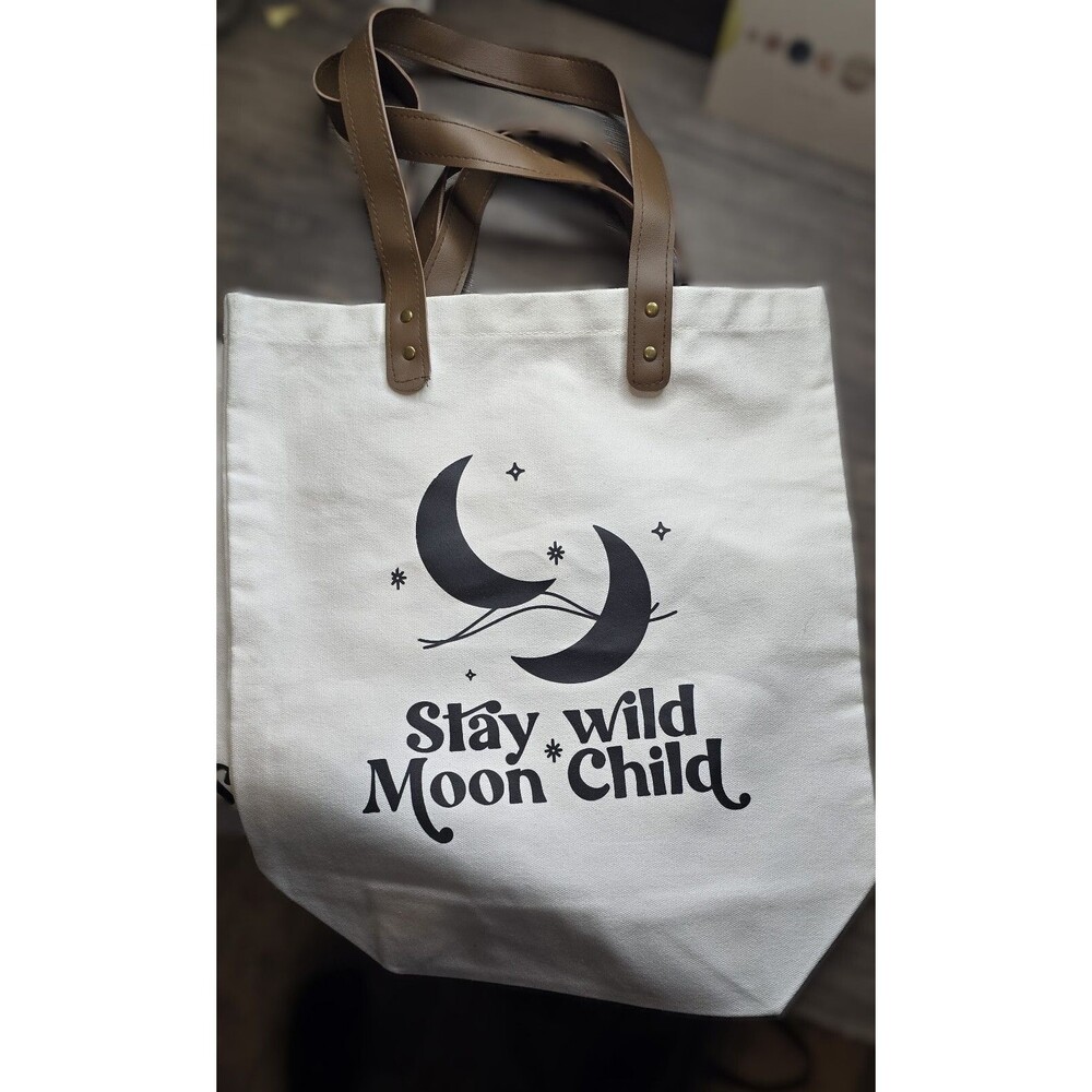 Stay Wild Moon Child Canvas Tote Bag 15x16.5" Vegan Leather Strap Cream New